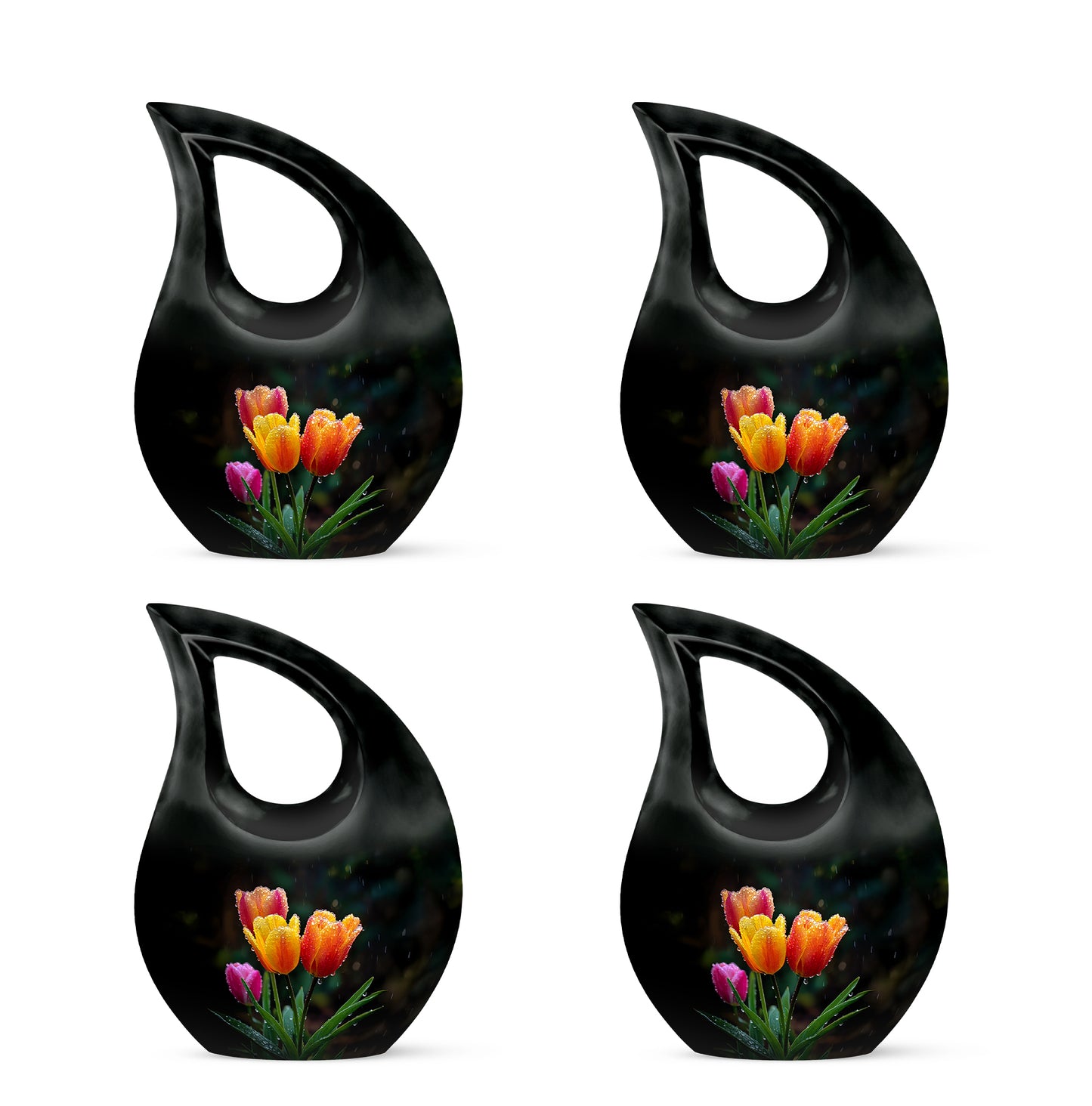 Ebony Garden Tulip Cremation Urn lifestyle display on memorial shelf - sacred cross merged with garden tulip motif on metal - 10 inch aluminum urn for cremated remains