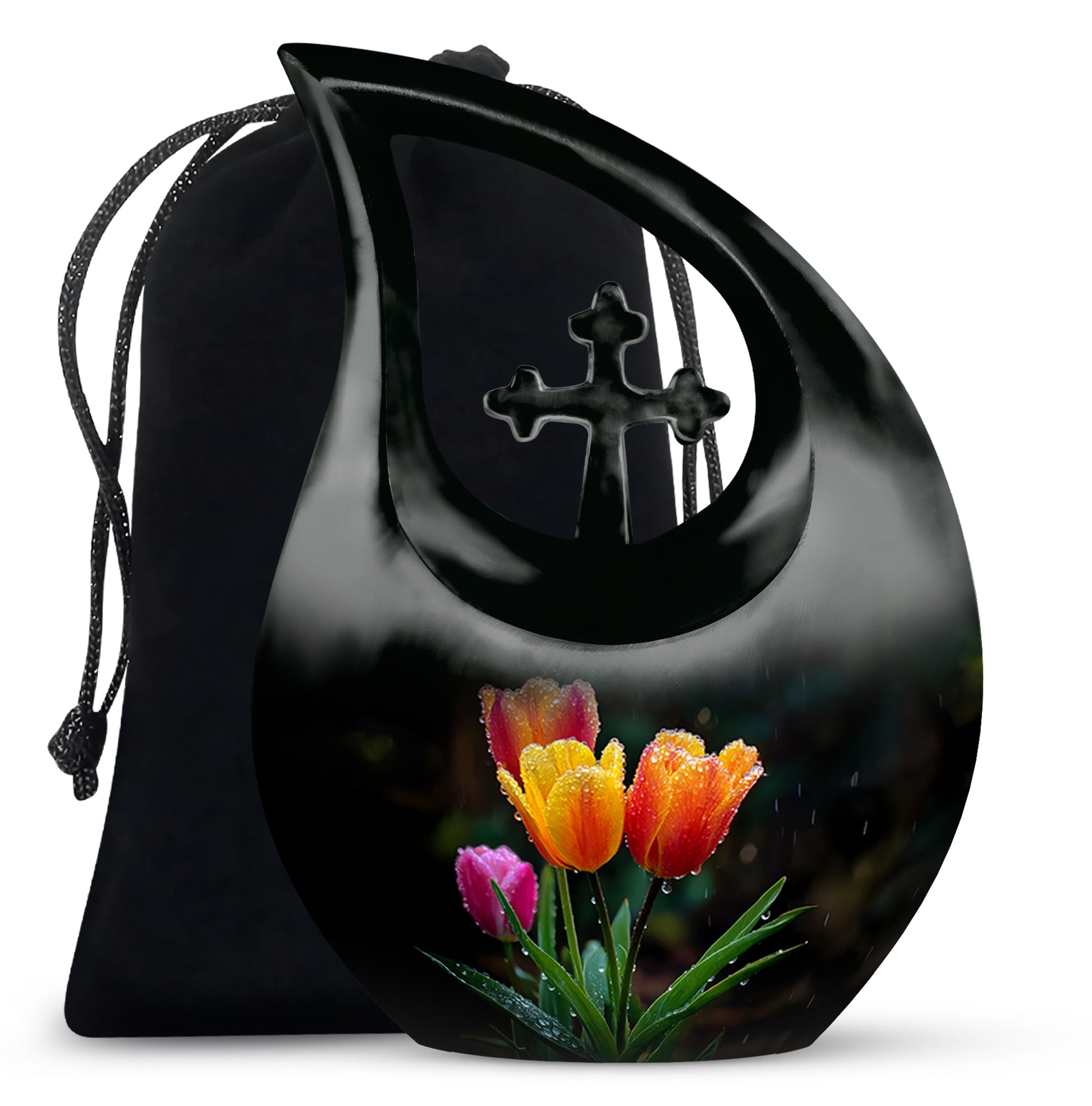 Jet Black Garden Tulip Cremation Urn top-down view of secure threaded lid - cross and garden tulip combined in spiritual memorial design - full-size 10 inch 200 cubic inch adult cremation urn