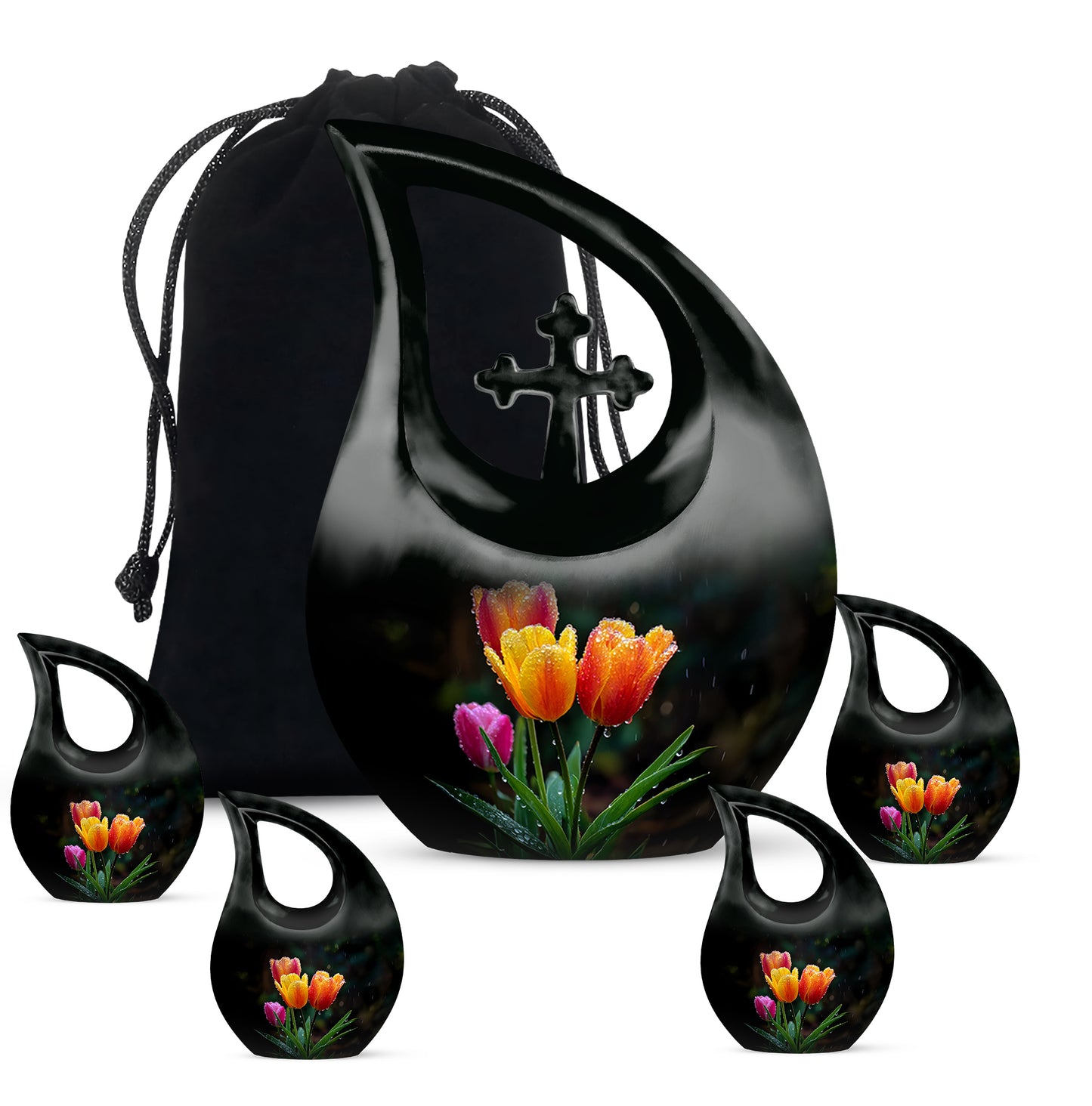 Rich Black Garden Tulip Cremation Urn urn with complimentary velvet bag - cross and garden tulip combined in spiritual memorial design - memorial set with one large and four small urns