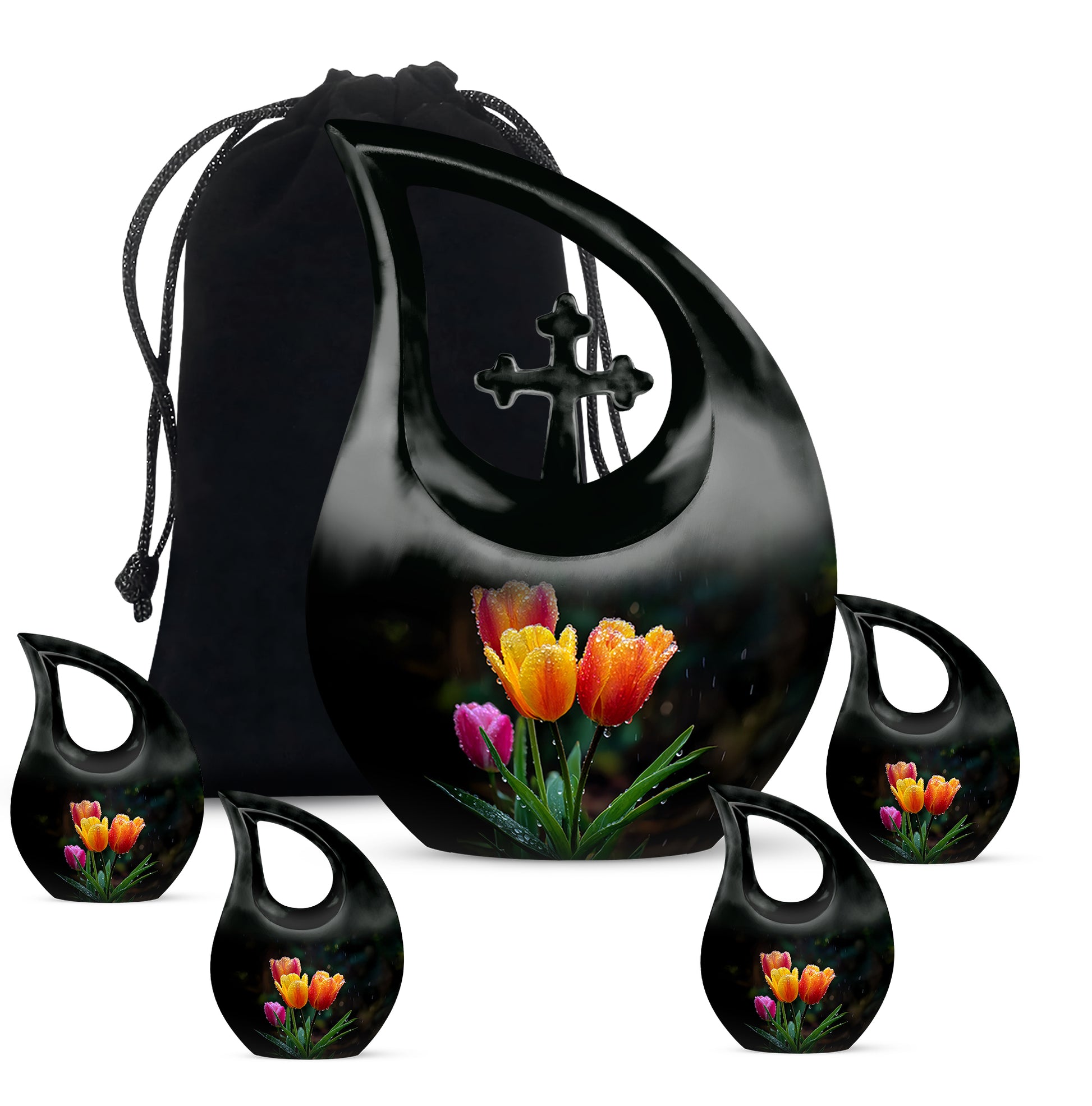 Rich Black Garden Tulip Cremation Urn urn with complimentary velvet bag - cross and garden tulip combined in spiritual memorial design - memorial set with one large and four small urns