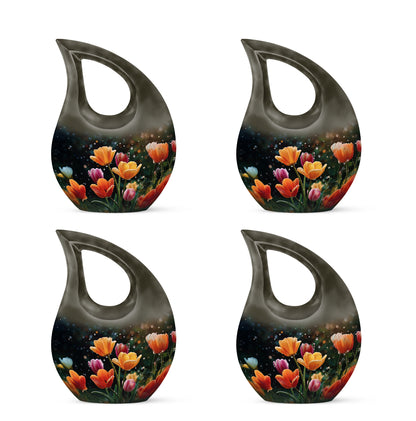 Ebony Garden Tulip Cremation Urn lifestyle display on memorial shelf - sacred cross merged with garden tulip motif on metal - 10 inch aluminum urn for cremated remains