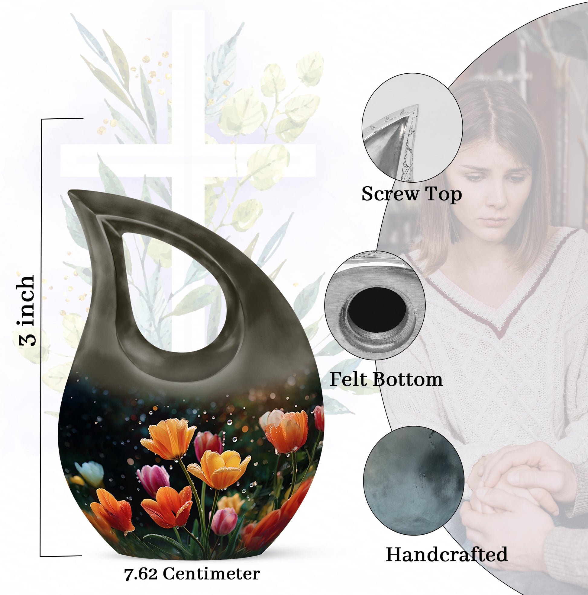 Deep Black Garden Tulip Cremation Urn back view with polished surface - sacred cross merged with garden tulip motif on metal - mini keepsake memorial for portion of cremation ashes