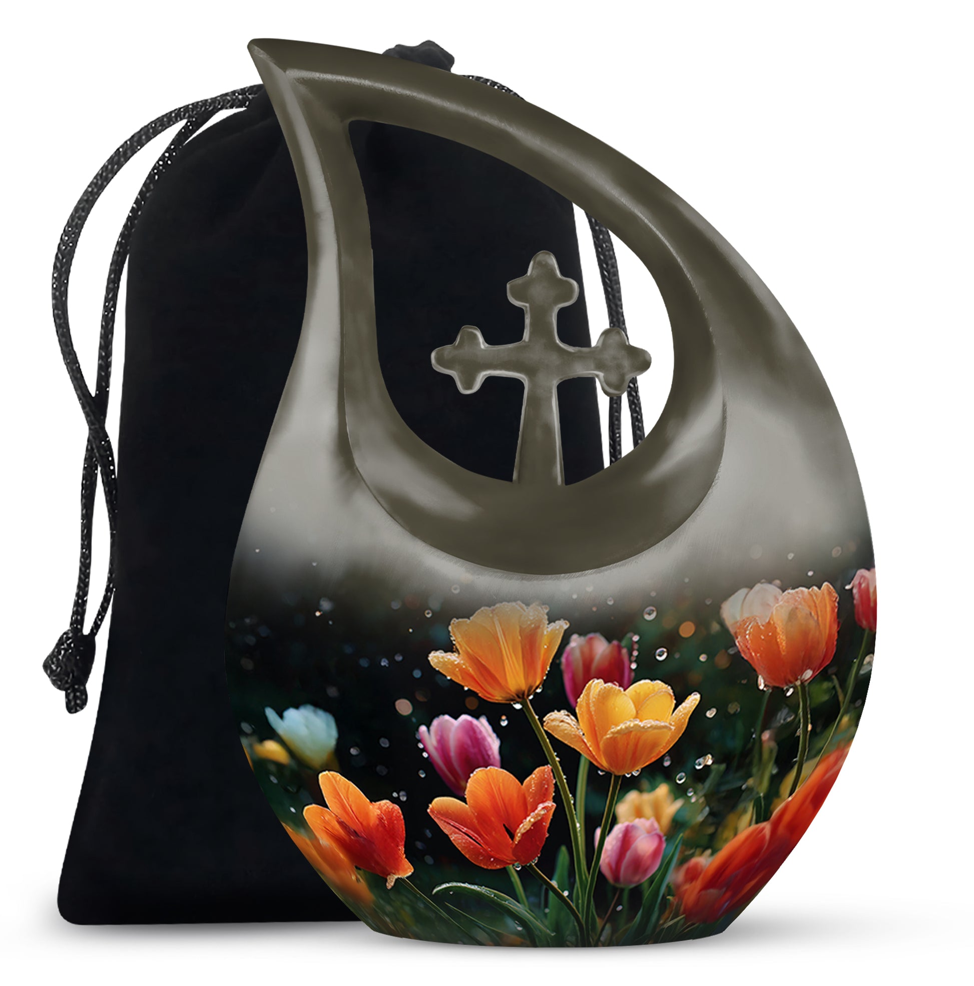 Obsidian Black Garden Tulip Cremation Urn top-down view of secure threaded lid - devotional cross-drop garden tulip engraving - full-size 10 inch 200 cubic inch adult cremation urn