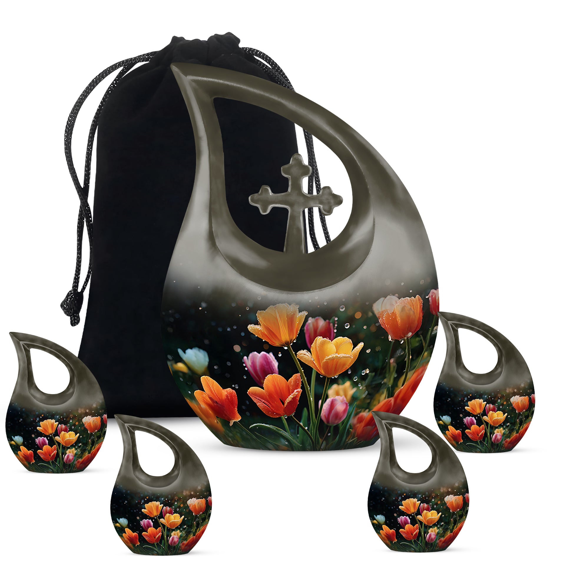 Dark Black Garden Tulip Cremation Urn urn with complimentary velvet bag - devotional cross-drop garden tulip engraving - memorial set with one large and four small urns