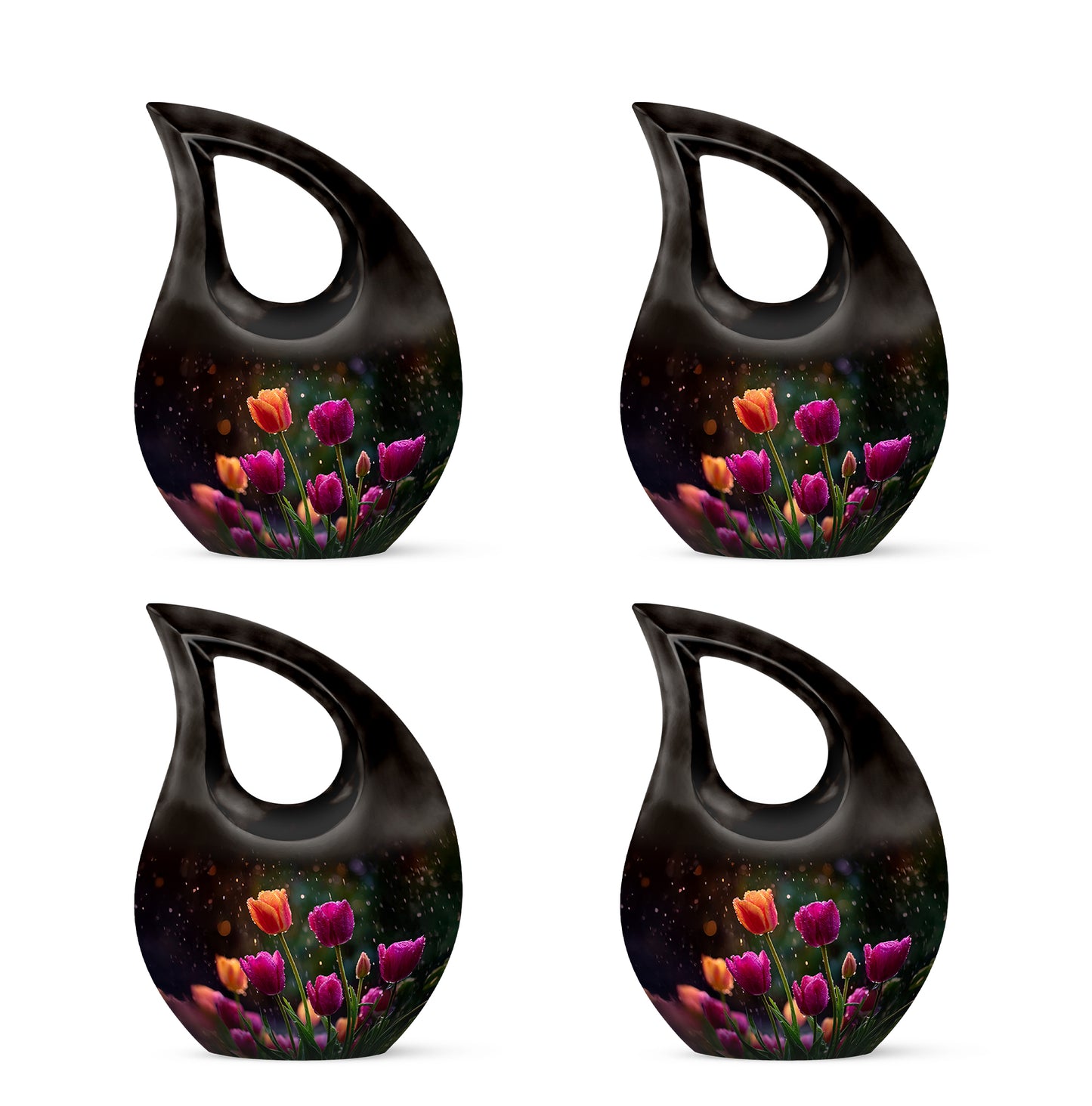 Onyx Black Garden Tulip Cremation Urn lifestyle display on memorial shelf - devotional cross-drop garden tulip engraving - 10 inch aluminum urn for cremated remains
