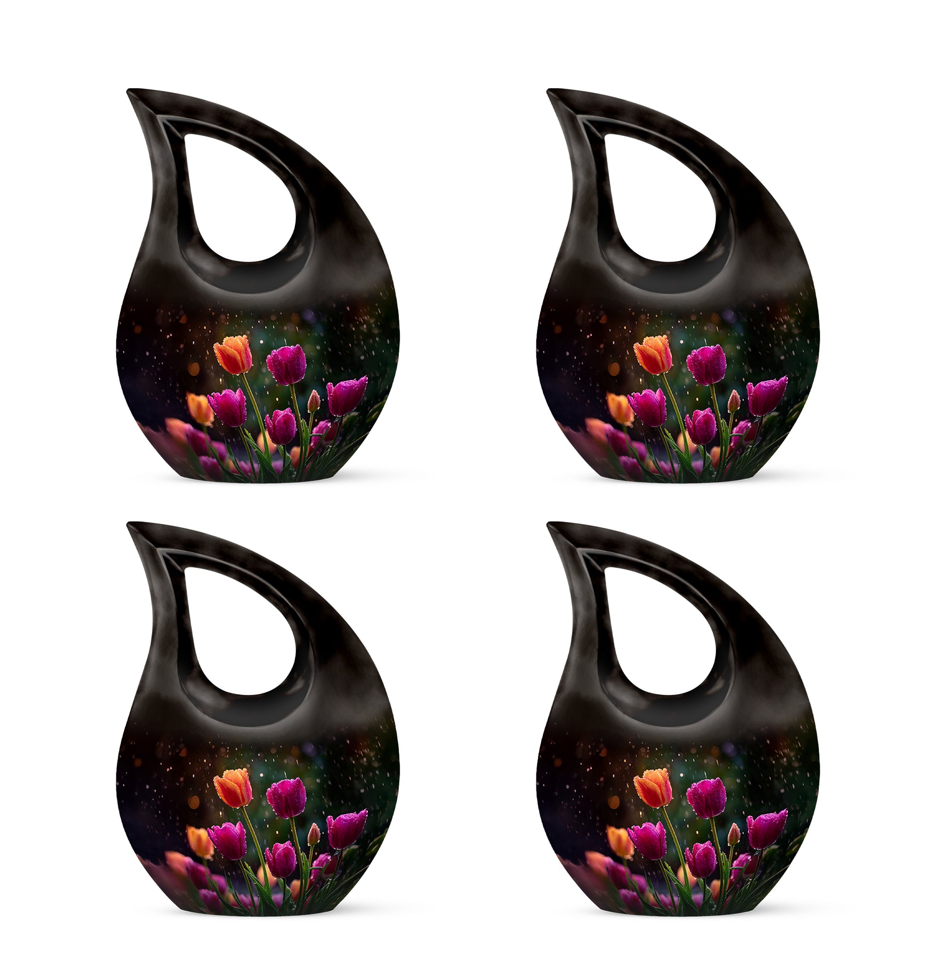 Onyx Black Garden Tulip Cremation Urn lifestyle display on memorial shelf - devotional cross-drop garden tulip engraving - 10 inch aluminum urn for cremated remains