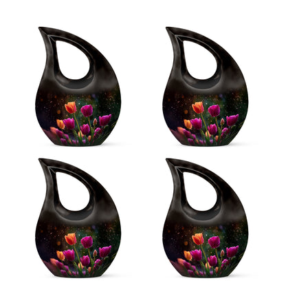 Onyx Black Garden Tulip Cremation Urn lifestyle display on memorial shelf - devotional cross-drop garden tulip engraving - 10 inch aluminum urn for cremated remains
