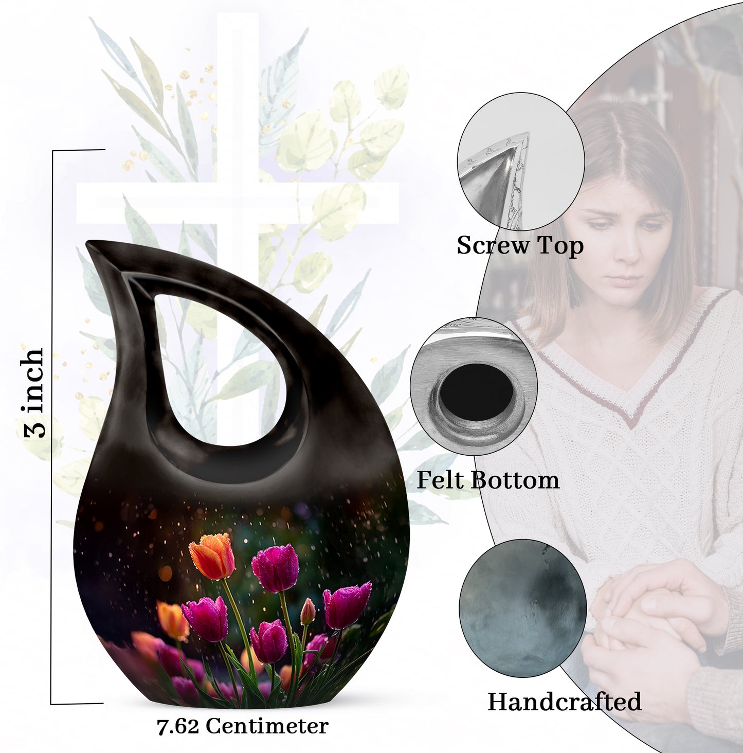 Onyx Black Garden Tulip Cremation Urn back view with polished surface - faith-inspired cross-drop urn with garden tulip pattern - mini keepsake memorial for portion of cremation ashes