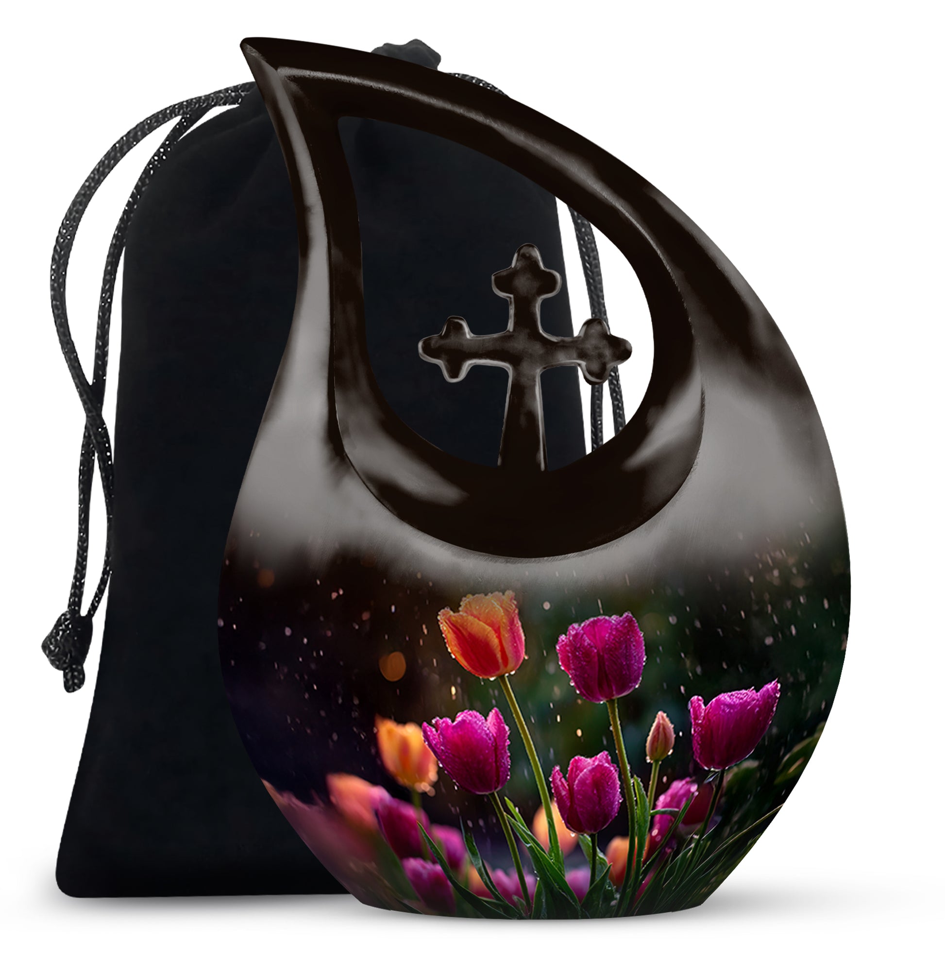 Ebony Garden Tulip Cremation Urn top-down view of secure threaded lid - sacred cross merged with garden tulip motif on metal - full-size 10 inch 200 cubic inch adult cremation urn