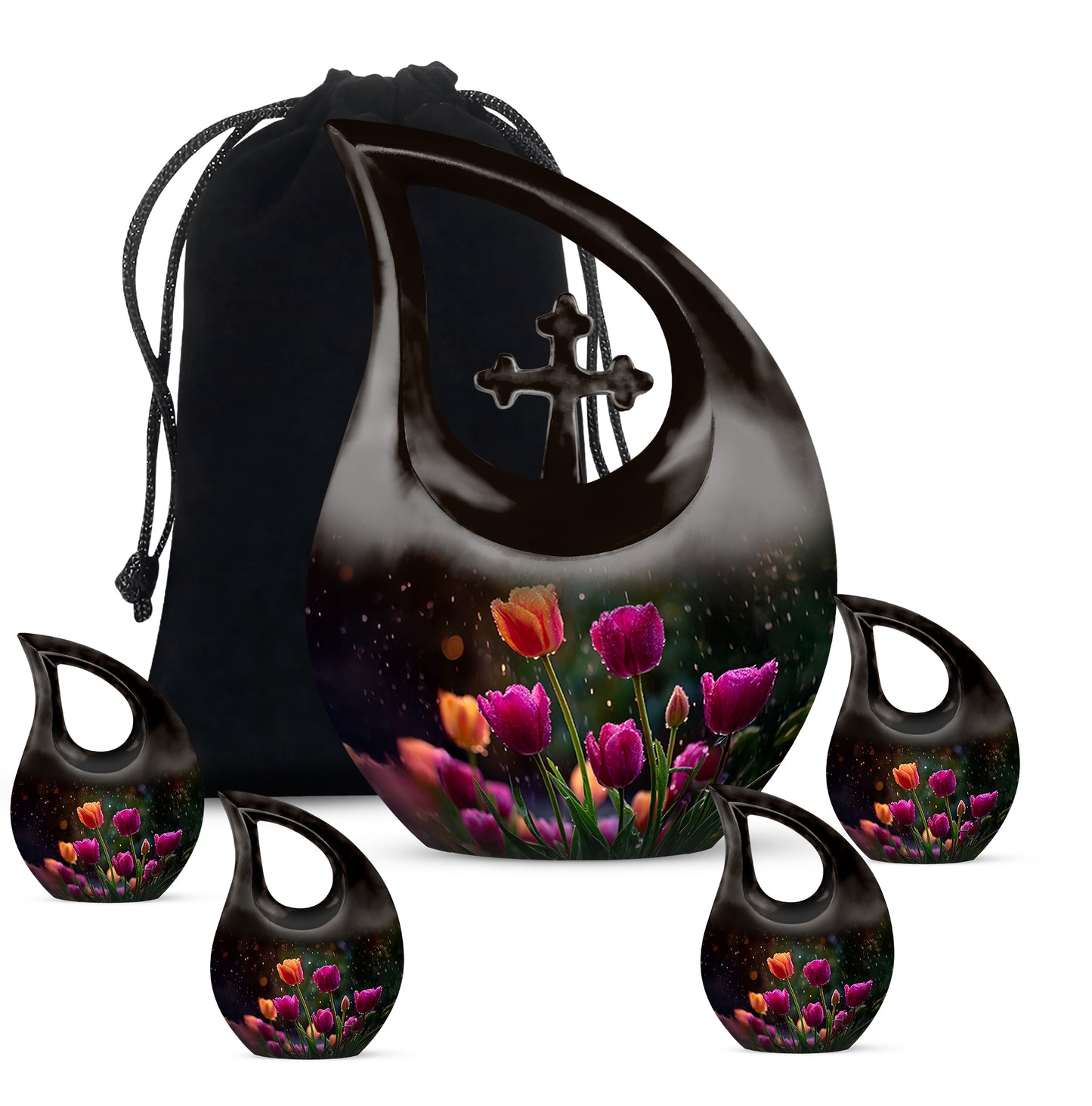 Dark Black Garden Tulip Cremation Urn urn with complimentary velvet bag - faith-inspired cross-drop urn with garden tulip pattern - memorial set with one large and four small urns
