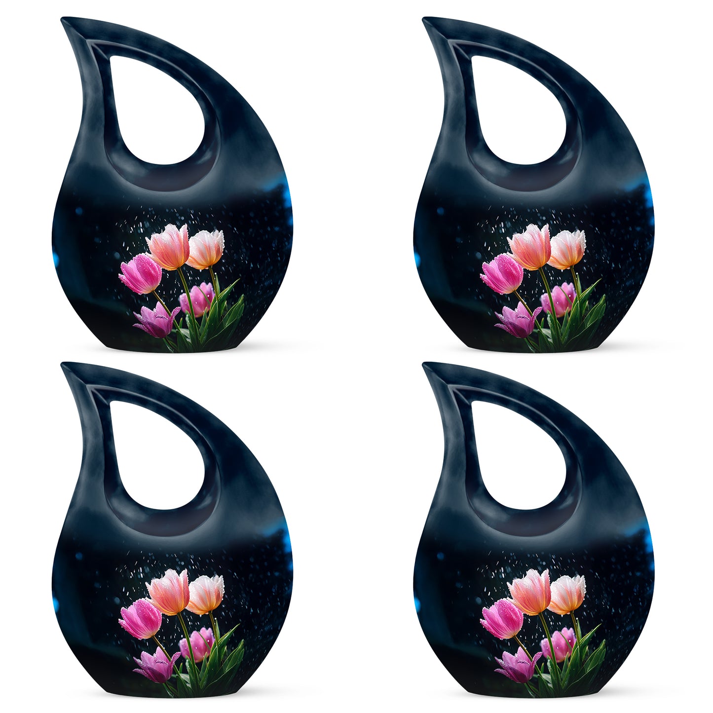 Twilight Blue Garden Tulip Cremation Urn lifestyle display on memorial shelf - faith-inspired cross-drop urn with garden tulip pattern - 10 inch aluminum urn for cremated remains