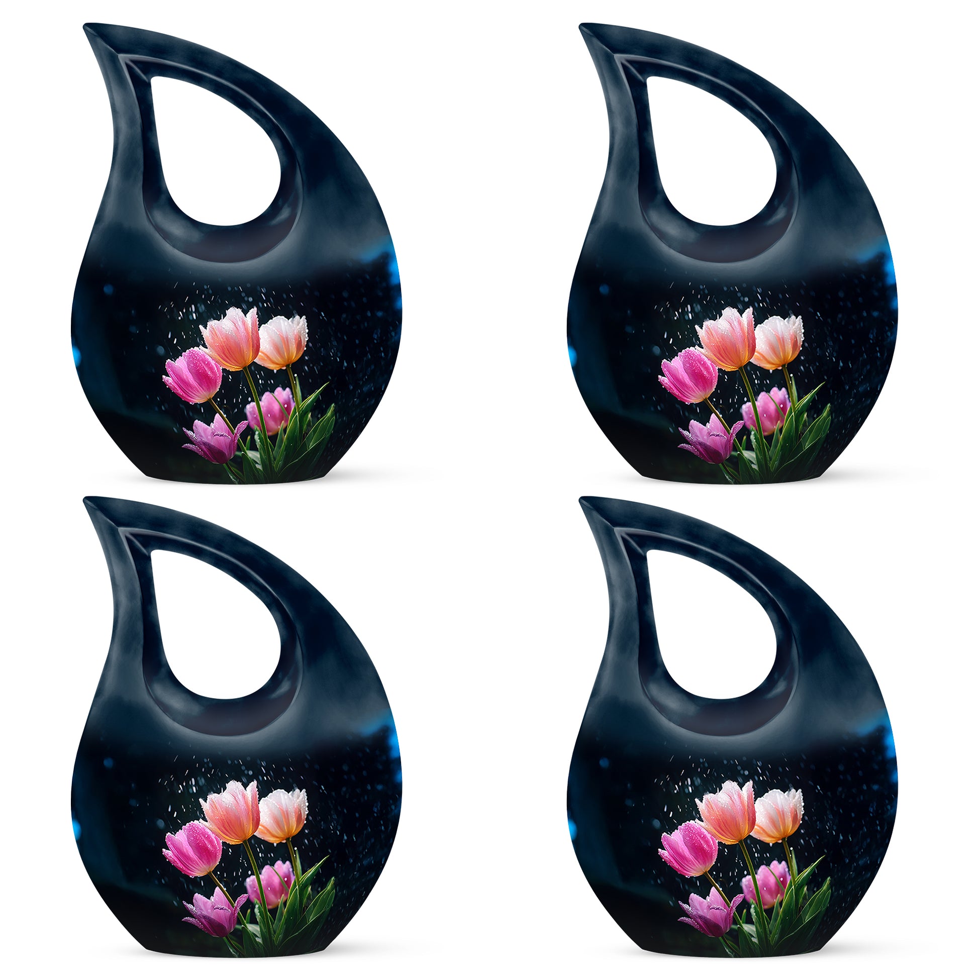 Twilight Blue Garden Tulip Cremation Urn lifestyle display on memorial shelf - faith-inspired cross-drop urn with garden tulip pattern - 10 inch aluminum urn for cremated remains
