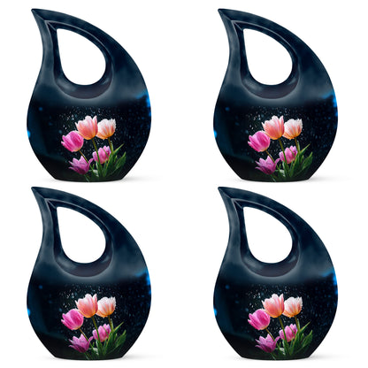 Twilight Blue Garden Tulip Cremation Urn lifestyle display on memorial shelf - faith-inspired cross-drop urn with garden tulip pattern - 10 inch aluminum urn for cremated remains
