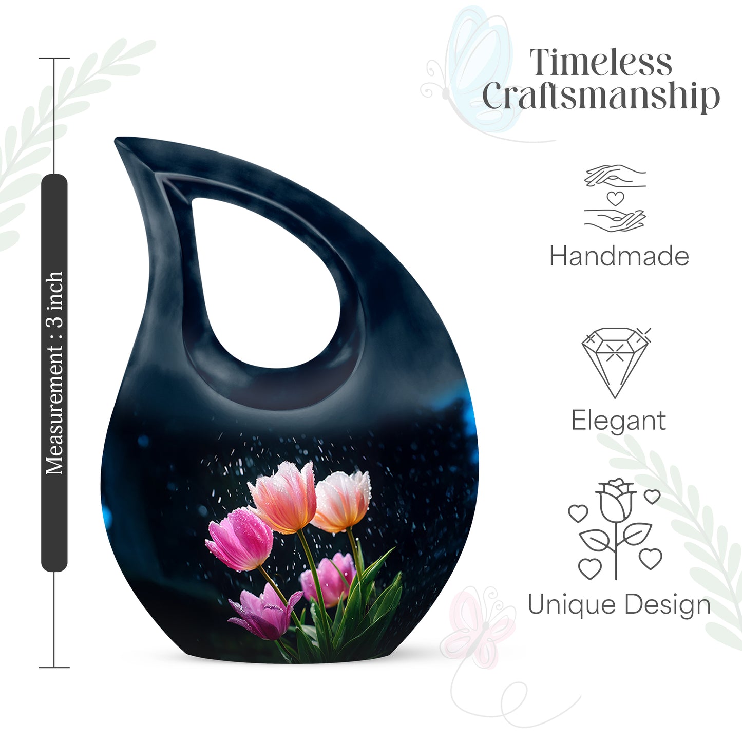 Serene Blue Garden Tulip Cremation Urn back view with polished surface - faith-inspired cross-drop urn with garden tulip pattern - mini keepsake memorial for portion of cremation ashes