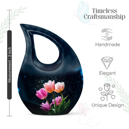 Serene Blue Garden Tulip Cremation Urn back view with polished surface - faith-inspired cross-drop urn with garden tulip pattern - mini keepsake memorial for portion of cremation ashes