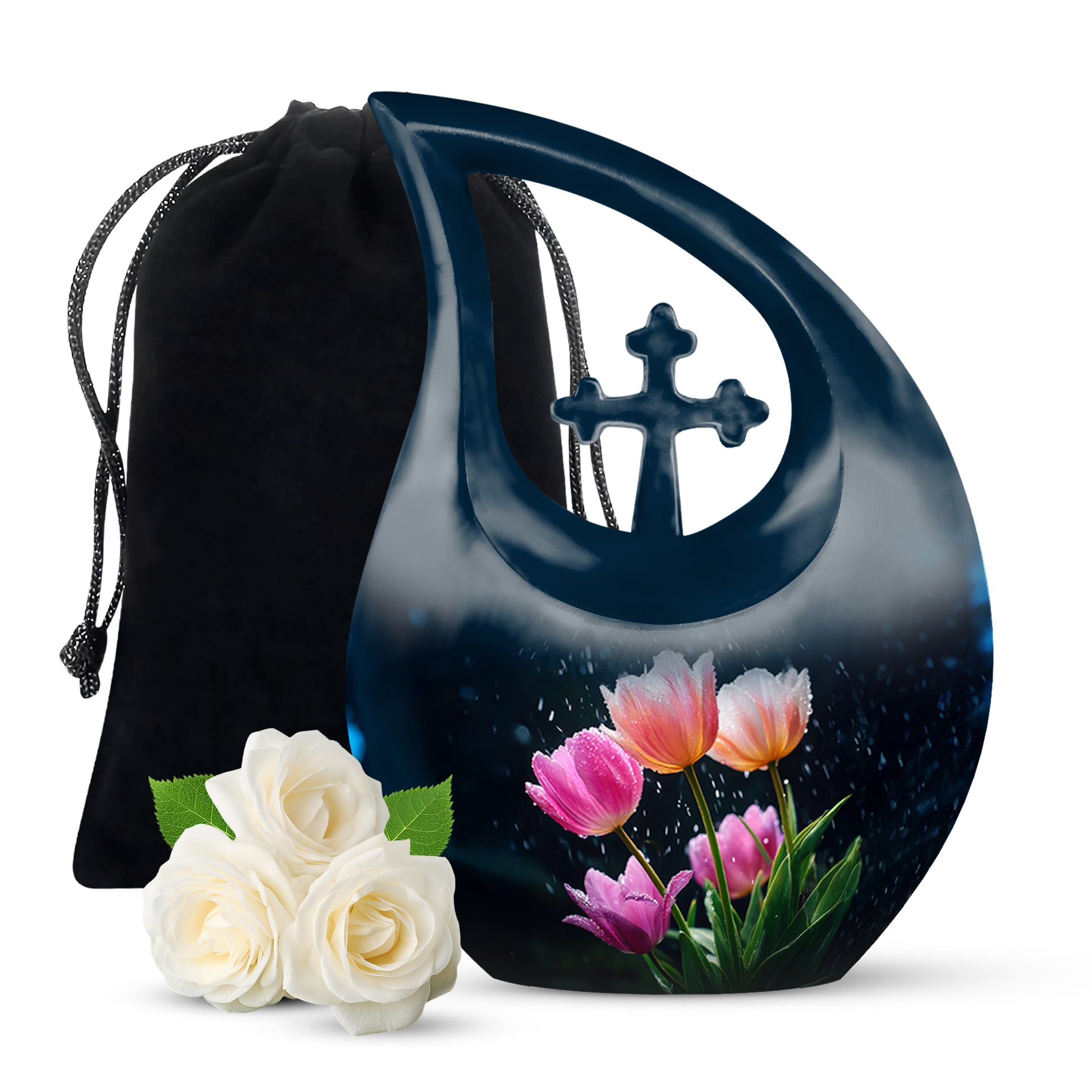Calming Blue Garden Tulip Cremation Urn top-down view of secure threaded lid - faith-inspired cross-drop urn with garden tulip pattern - full-size 10 inch 200 cubic inch adult cremation urn