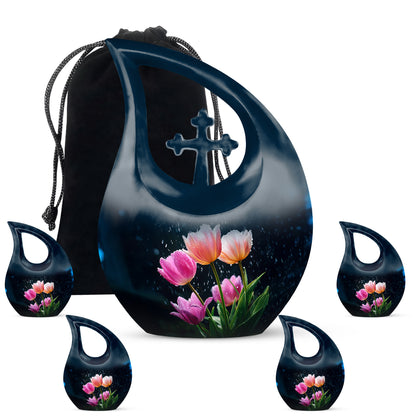 Pastel Blue Garden Tulip Cremation Urn urn with complimentary velvet bag - sacred cross merged with garden tulip motif on metal - memorial set with one large and four small urns