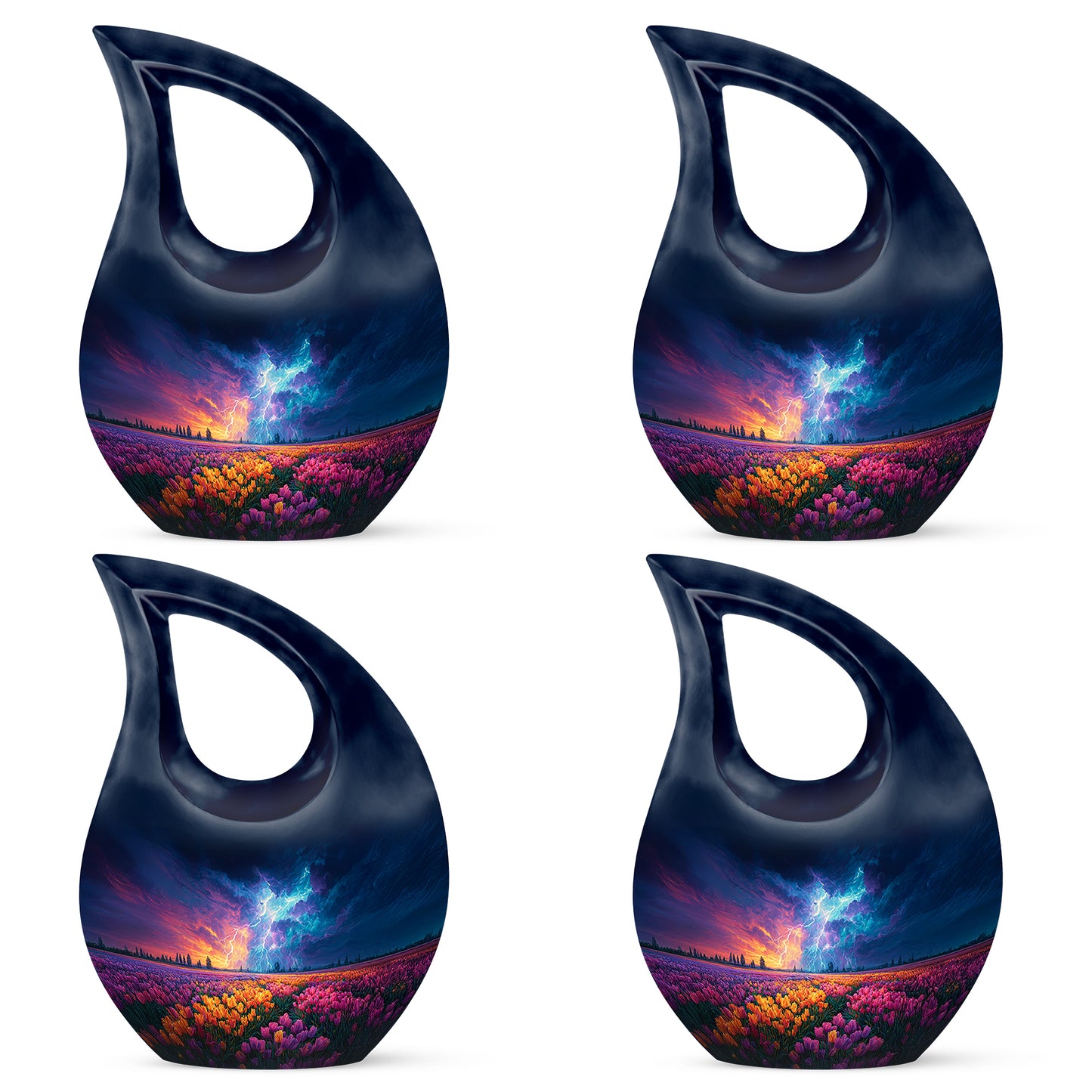 Azure Garden Tulip Cremation Urn lifestyle display on memorial shelf - cross and garden tulip combined in spiritual memorial design - 10 inch aluminum urn for cremated remains