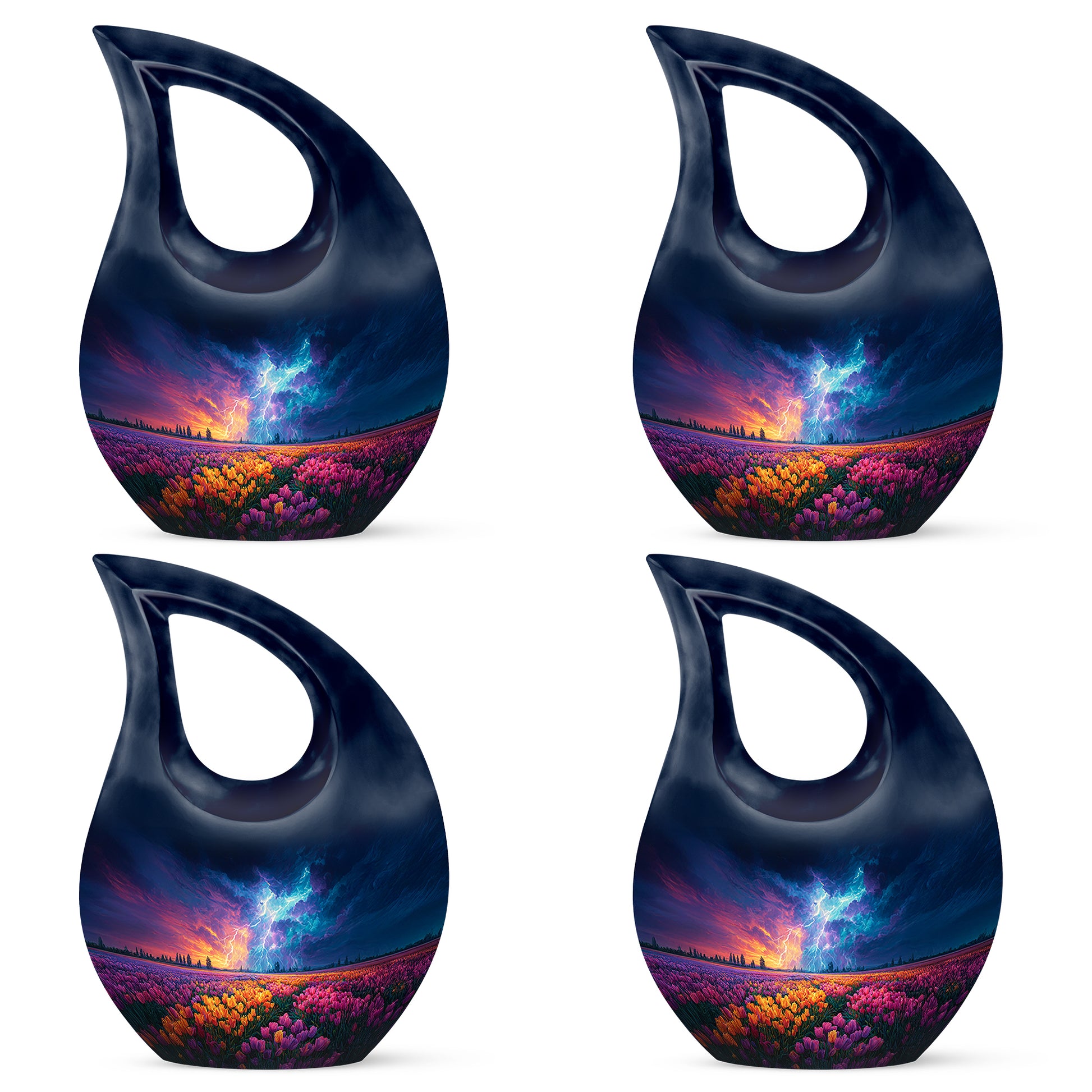 Azure Garden Tulip Cremation Urn lifestyle display on memorial shelf - cross and garden tulip combined in spiritual memorial design - 10 inch aluminum urn for cremated remains
