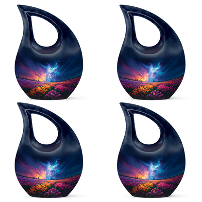 Azure Garden Tulip Cremation Urn lifestyle display on memorial shelf - cross and garden tulip combined in spiritual memorial design - 10 inch aluminum urn for cremated remains