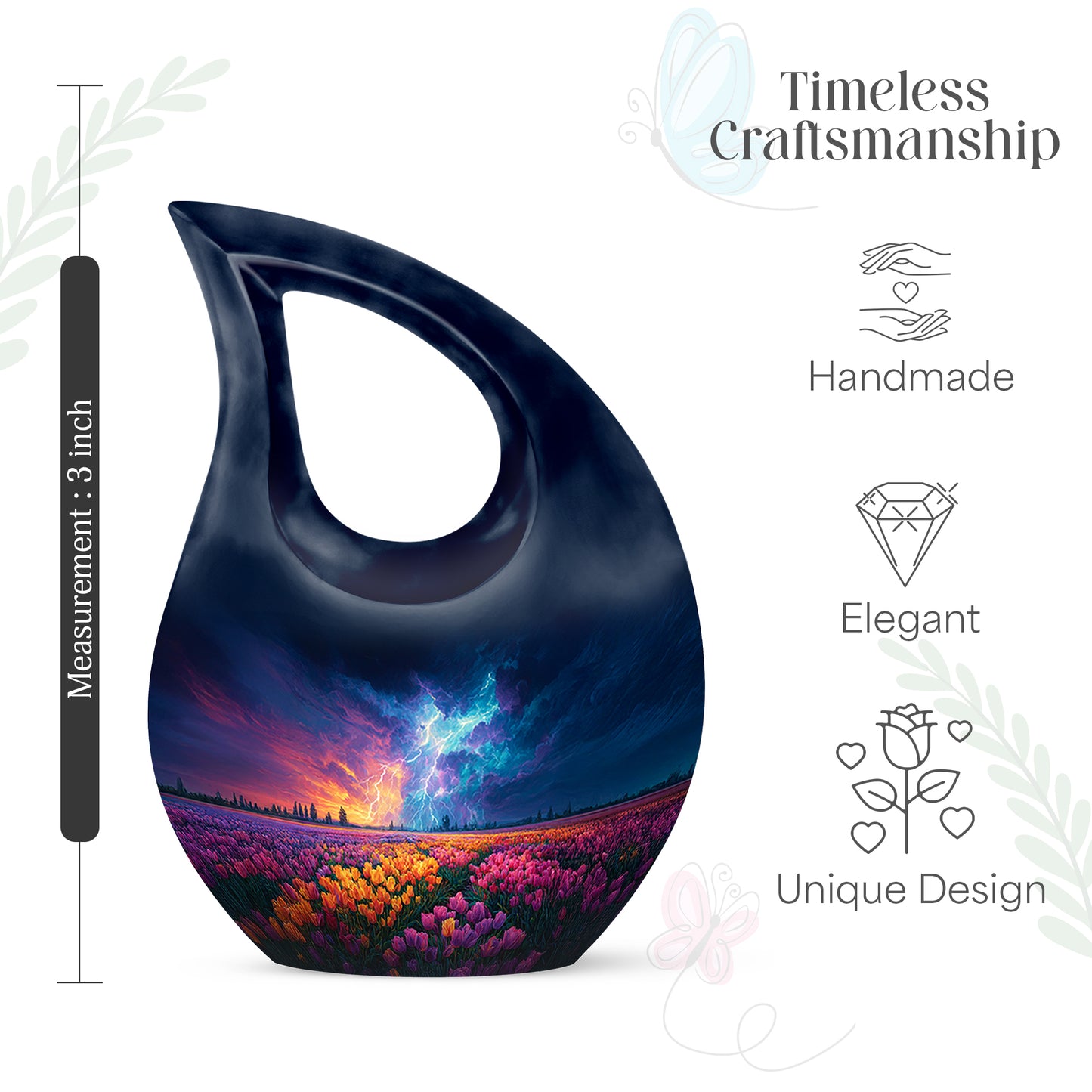 Celestial Blue Garden Tulip Cremation Urn back view with polished surface - cross and garden tulip combined in spiritual memorial design - mini keepsake memorial for portion of cremation ashes