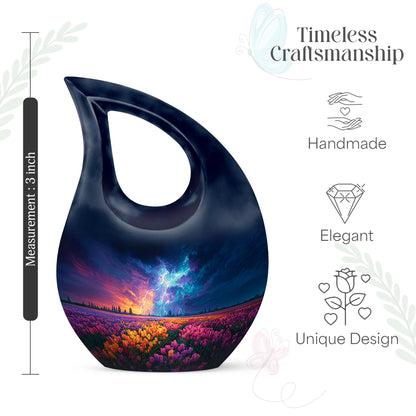 Celestial Blue Garden Tulip Cremation Urn back view with polished surface - cross and garden tulip combined in spiritual memorial design - mini keepsake memorial for portion of cremation ashes