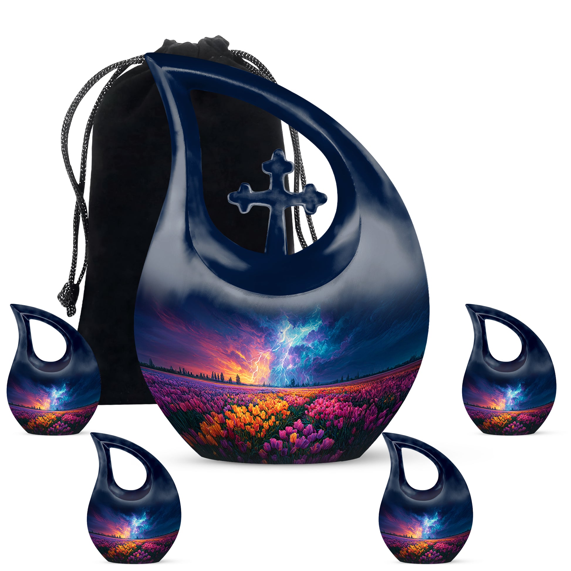 Misty Blue Garden Tulip Cremation Urn urn with complimentary velvet bag - sacred cross merged with garden tulip motif on metal - memorial set with one large and four small urns