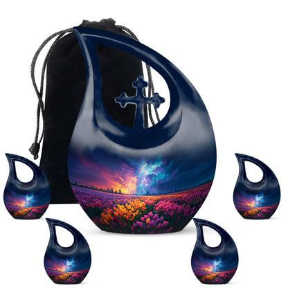 Misty Blue Garden Tulip Cremation Urn urn with complimentary velvet bag - sacred cross merged with garden tulip motif on metal - memorial set with one large and four small urns