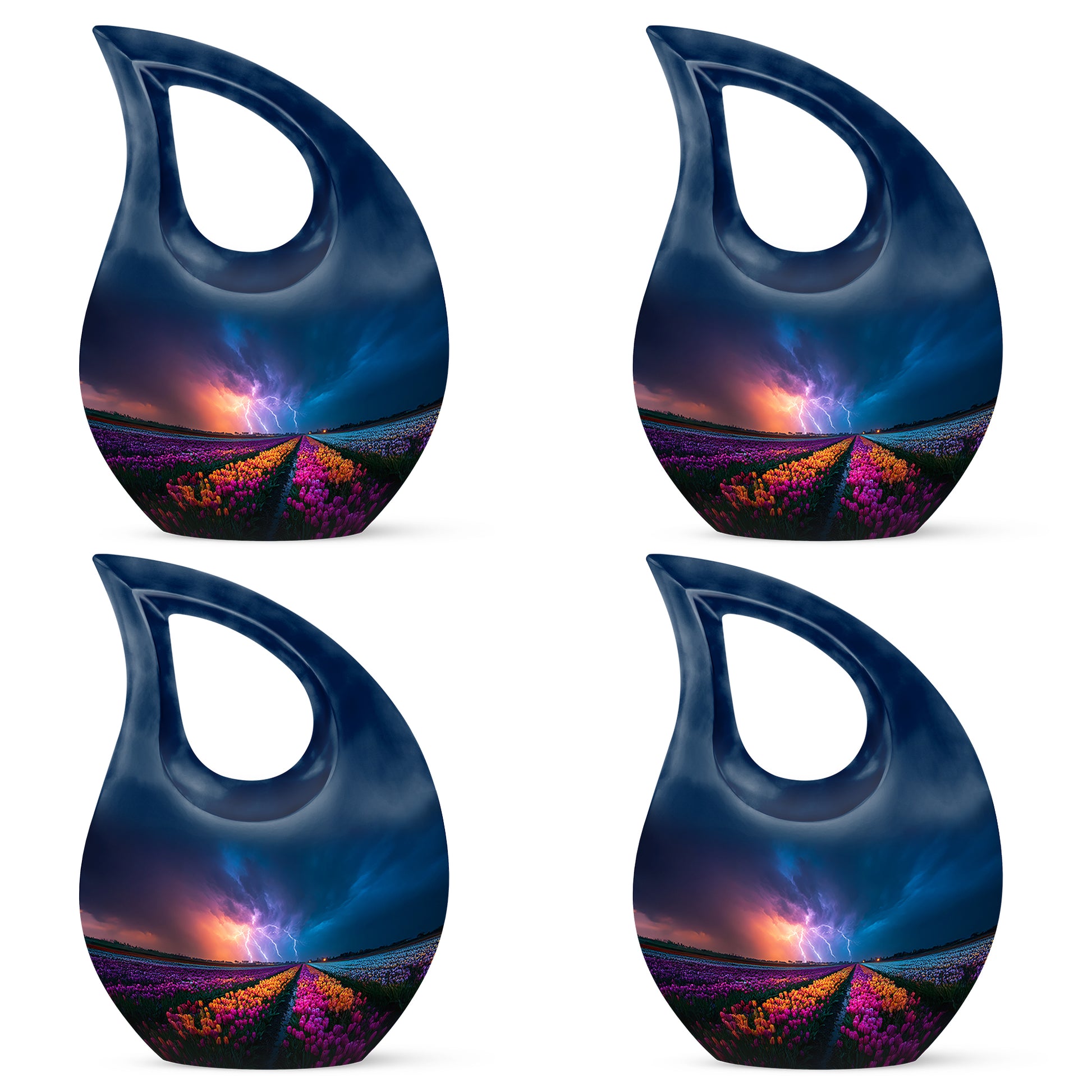 Azure Garden Tulip Cremation Urn lifestyle display on memorial shelf - sacred cross merged with garden tulip motif on metal - 10 inch aluminum urn for cremated remains