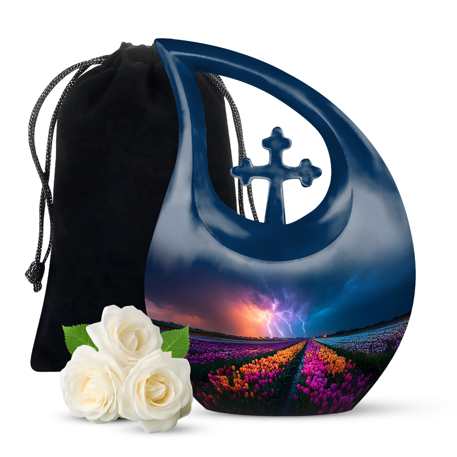 Sky Blue Garden Tulip Cremation Urn top-down view of secure threaded lid - cross and garden tulip combined in spiritual memorial design - full-size 10 inch 200 cubic inch adult cremation urn