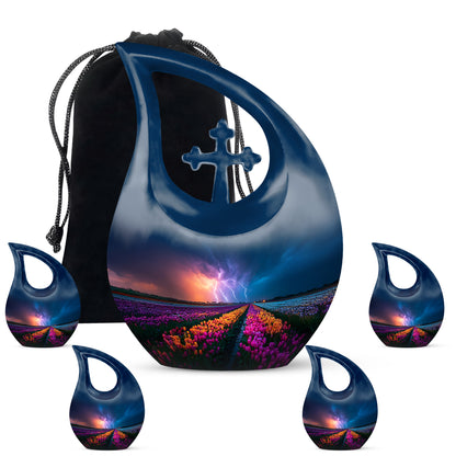 Calming Blue Garden Tulip Cremation Urn urn with complimentary velvet bag - faith-inspired cross-drop urn with garden tulip pattern - memorial set with one large and four small urns
