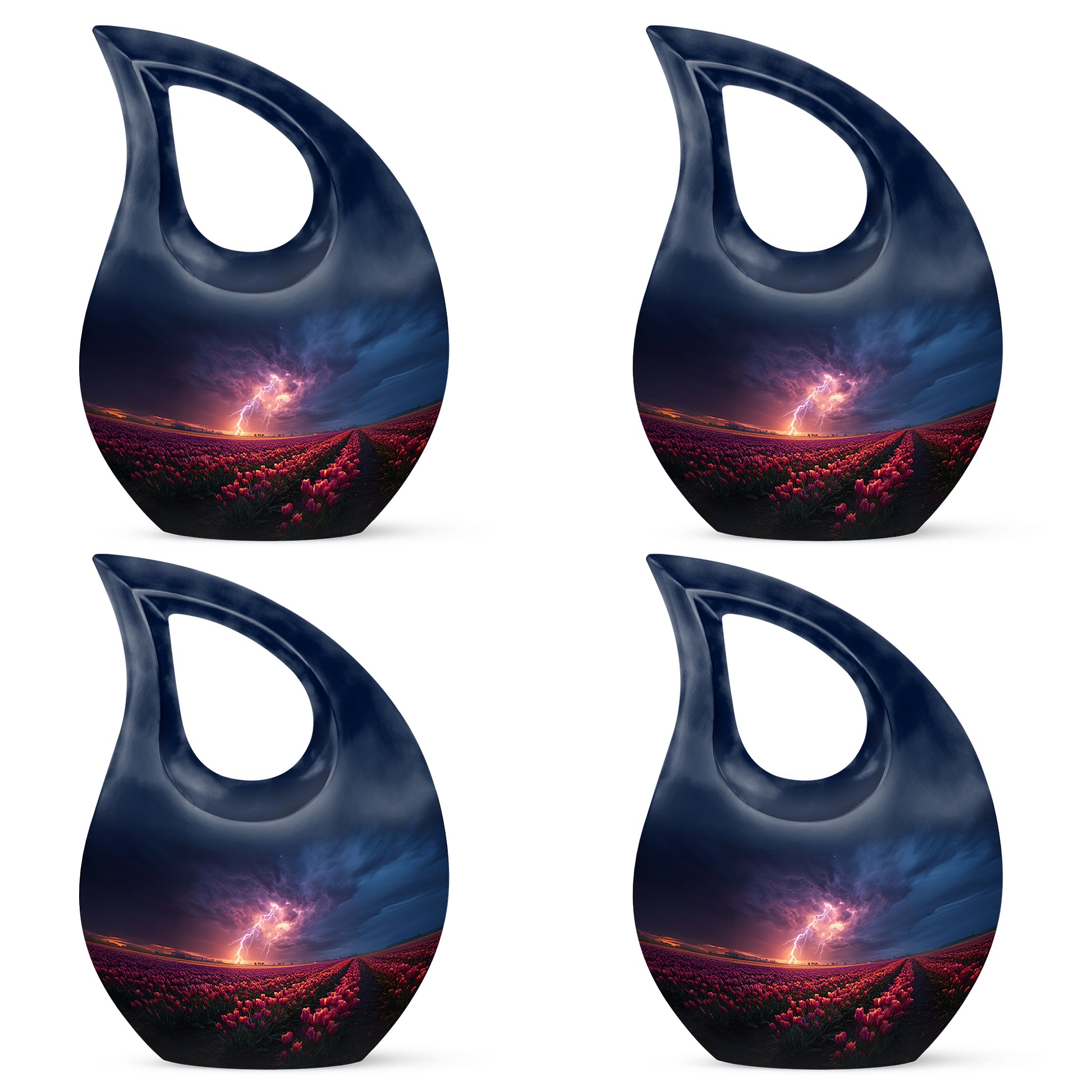 Misty Blue Garden Tulip Cremation Urn lifestyle display on memorial shelf - sacred cross merged with garden tulip motif on metal - 10 inch aluminum urn for cremated remains