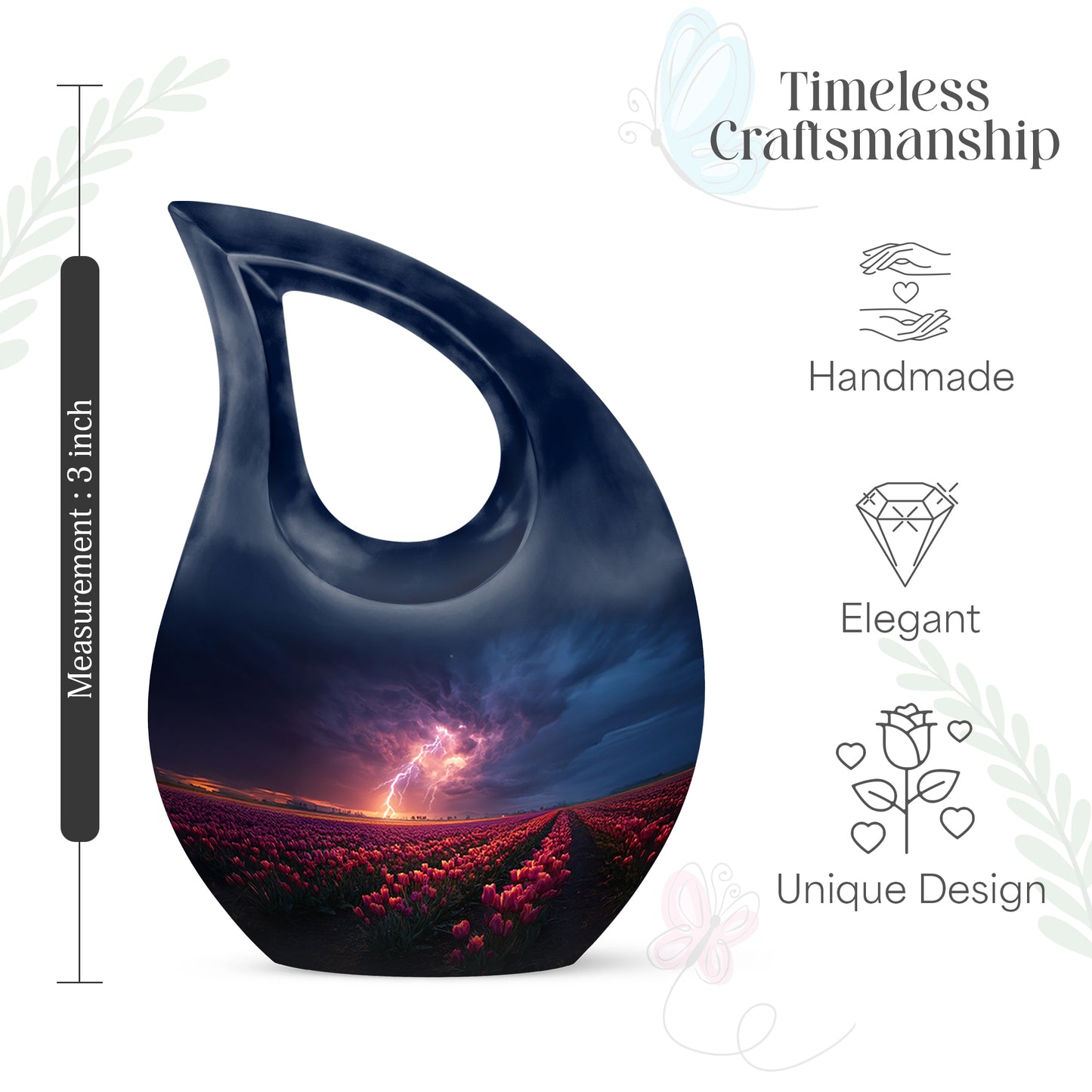 Azure Garden Tulip Cremation Urn back view with polished surface - cross and garden tulip combined in spiritual memorial design - mini keepsake memorial for portion of cremation ashes
