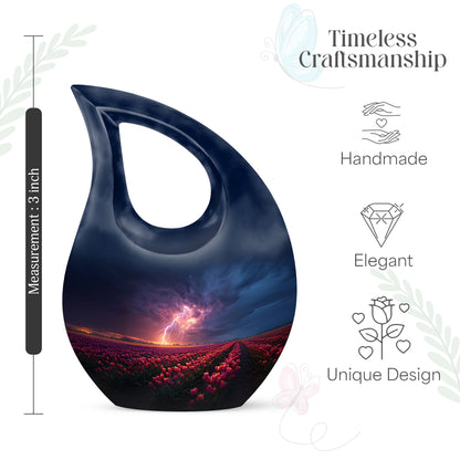 Azure Garden Tulip Cremation Urn back view with polished surface - cross and garden tulip combined in spiritual memorial design - mini keepsake memorial for portion of cremation ashes