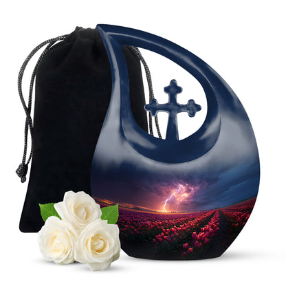 Royal Blue Garden Tulip Cremation Urn top-down view of secure threaded lid - devotional cross-drop garden tulip engraving - full-size 10 inch 200 cubic inch adult cremation urn