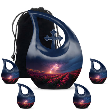 Dusty Blue Garden Tulip Cremation Urn urn with complimentary velvet bag - sacred cross merged with garden tulip motif on metal - memorial set with one large and four small urns