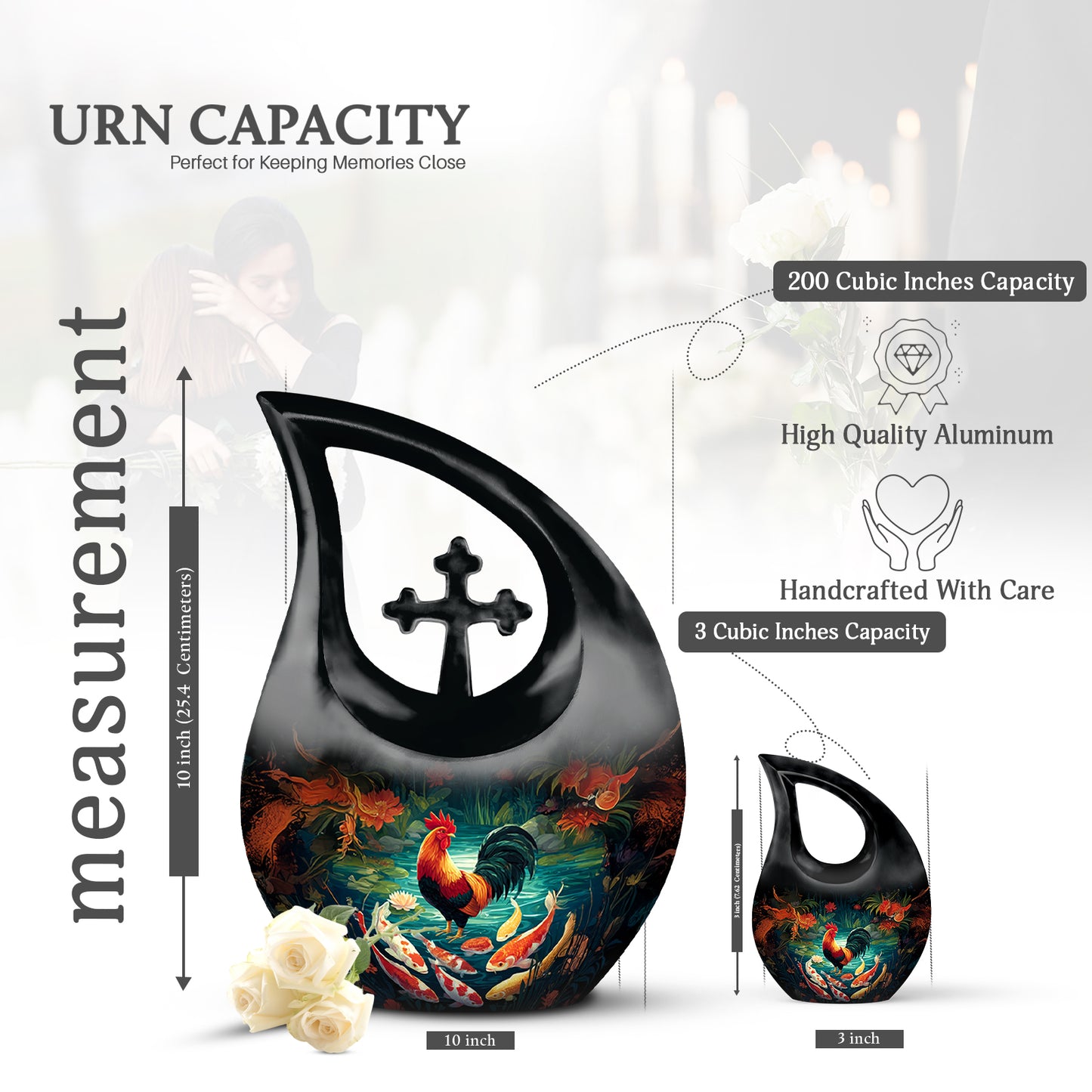 Charcoal Black Hen Cremation Urn back view with polished surface - faith-inspired cross-drop urn with hen pattern - mini keepsake memorial for portion of cremation ashes