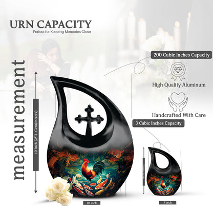 Charcoal Black Hen Cremation Urn back view with polished surface - faith-inspired cross-drop urn with hen pattern - mini keepsake memorial for portion of cremation ashes