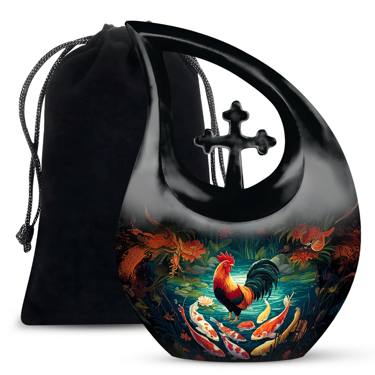 Rich Black Hen Cremation Urn top-down view of secure threaded lid - cross and hen combined in spiritual memorial design - full-size 10 inch 200 cubic inch adult cremation urn