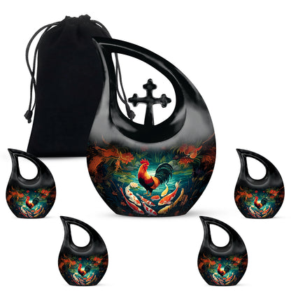 Deep Black Hen Cremation Urn urn with complimentary velvet bag - cross and hen combined in spiritual memorial design - memorial set with one large and four small urns