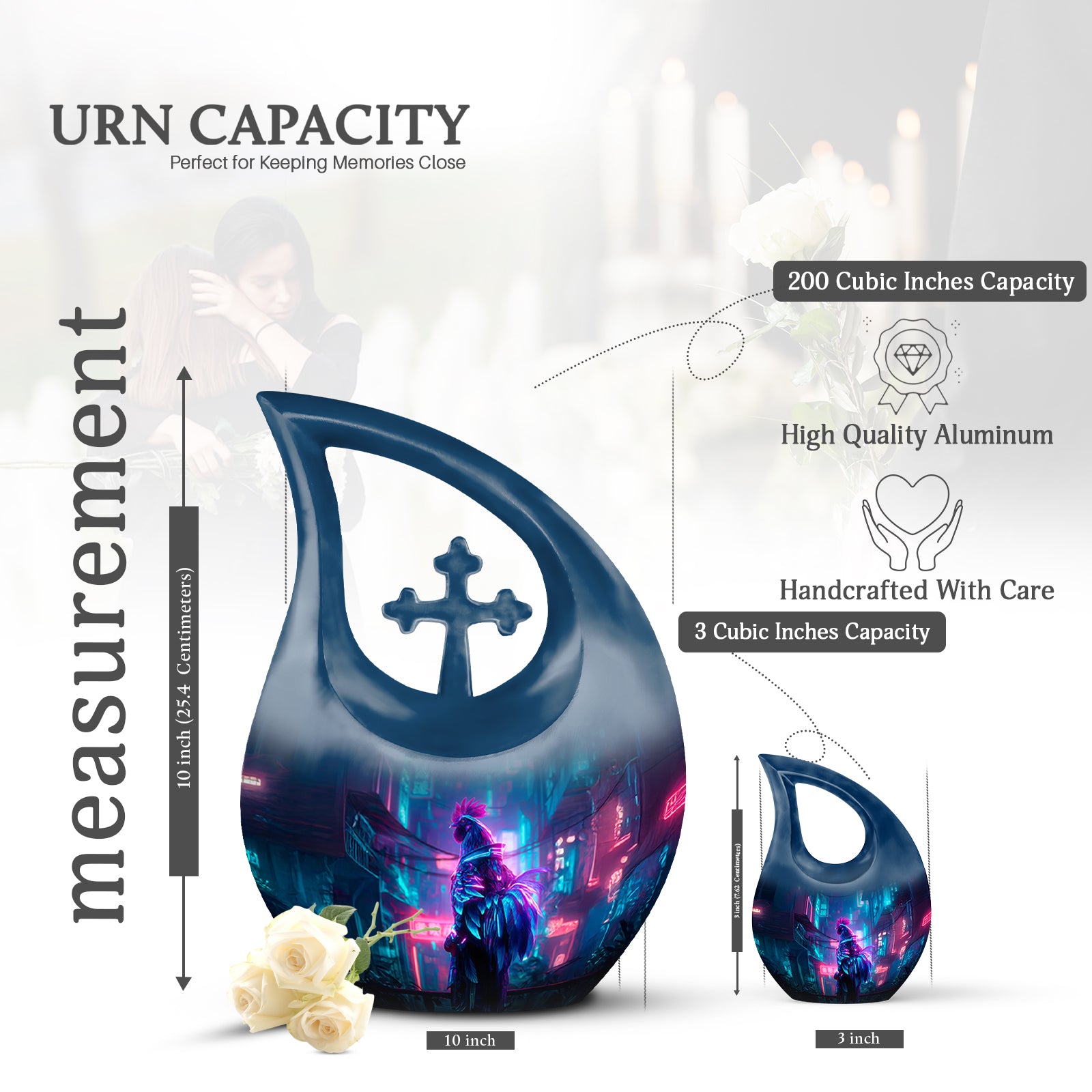 Indigo Hen Cremation Urn back view with polished surface - sacred cross merged with hen motif on metal - mini keepsake memorial for portion of cremation ashes