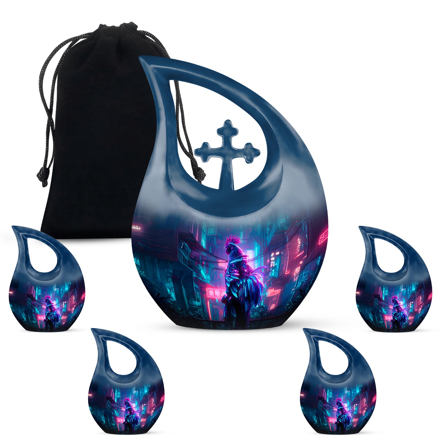 Powder Blue Hen Cremation Urn urn with complimentary velvet bag - sacred cross merged with hen motif on metal - memorial set with one large and four small urns