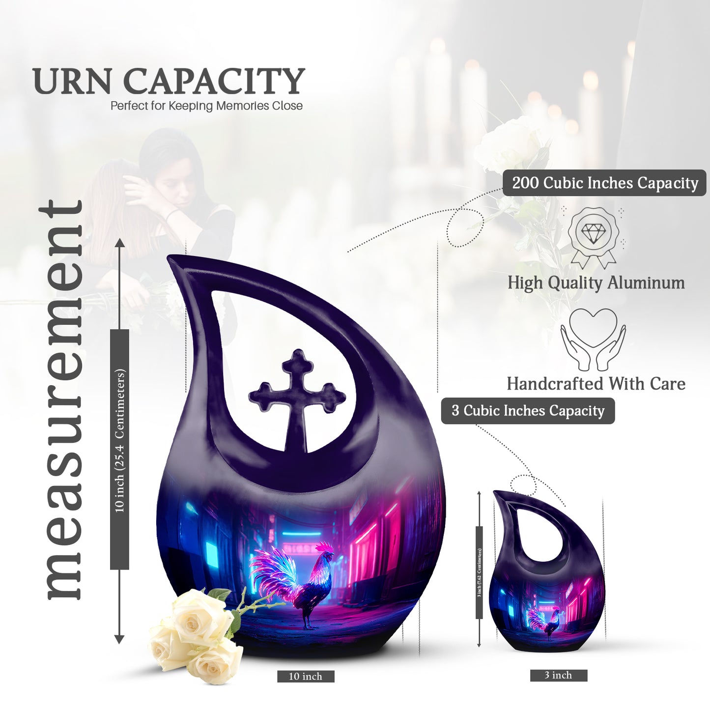 Sky Blue Hen Cremation Urn back view with polished surface - sacred cross merged with hen motif on metal - mini keepsake memorial for portion of cremation ashes