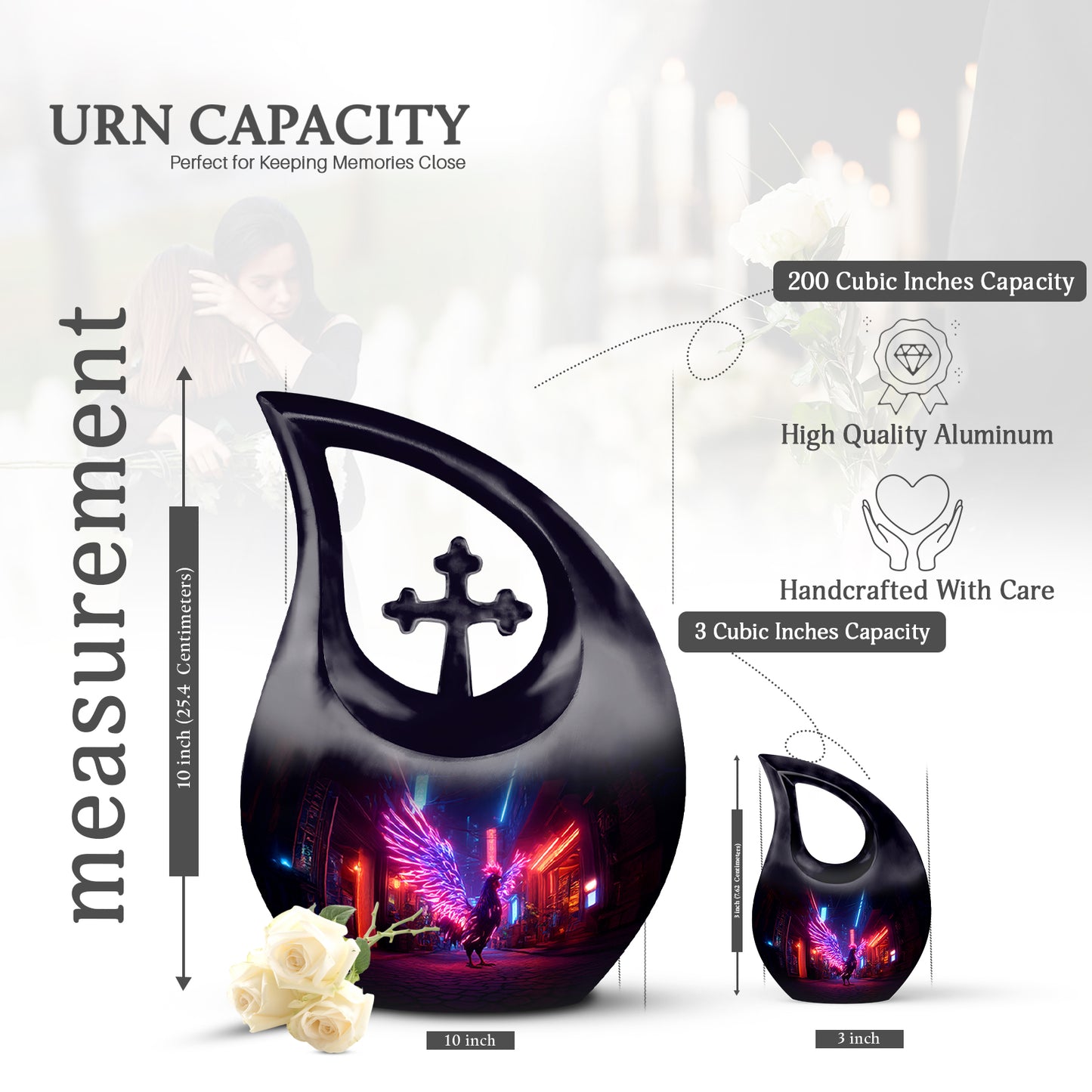 Navy Blue Hen Cremation Urn back view with polished surface - cross and hen combined in spiritual memorial design - mini keepsake memorial for portion of cremation ashes