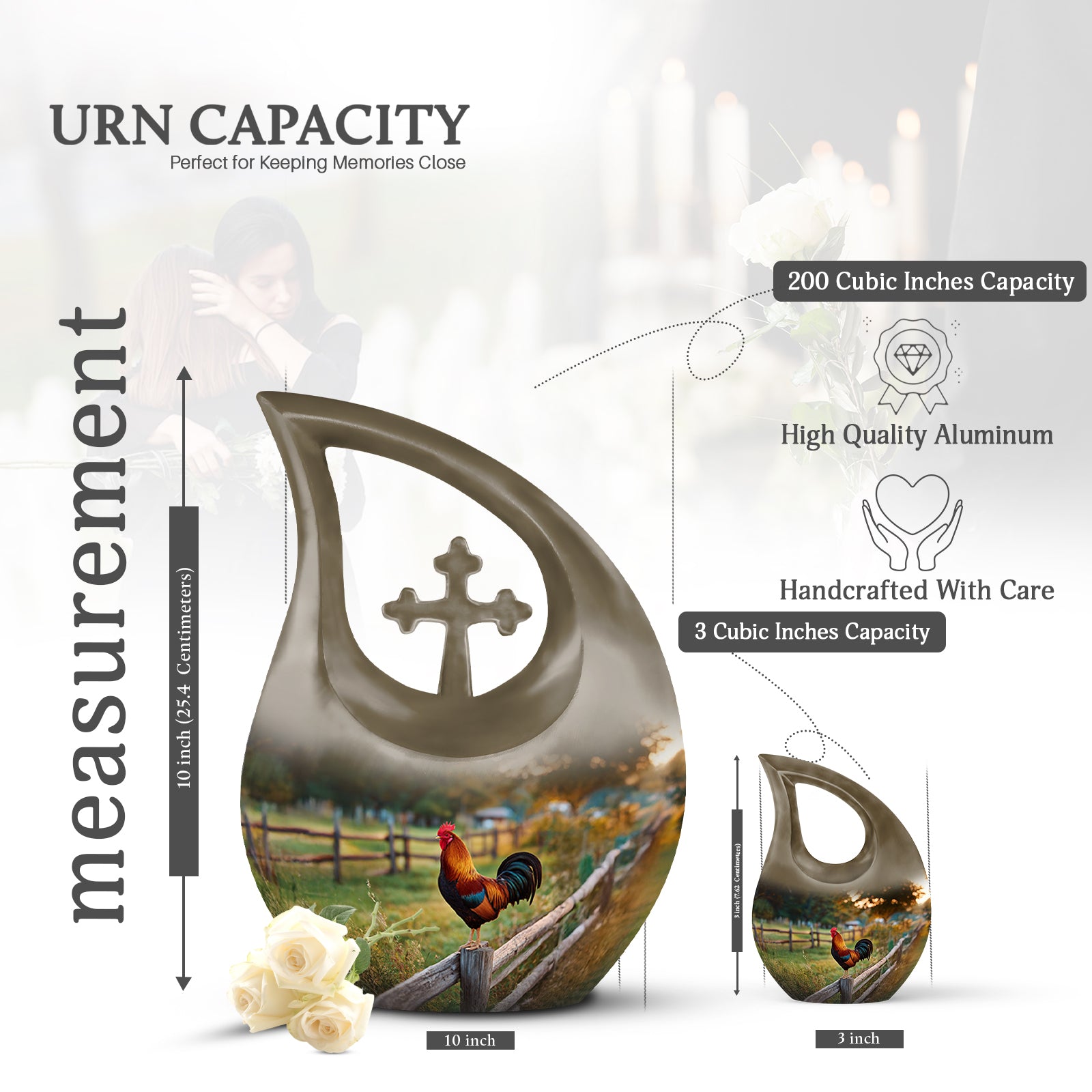 Matte Gold Hen Cremation Urn back view with polished surface - faith-inspired cross-drop urn with hen pattern - mini keepsake memorial for portion of cremation ashes