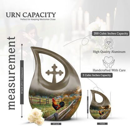 Matte Gold Hen Cremation Urn back view with polished surface - faith-inspired cross-drop urn with hen pattern - mini keepsake memorial for portion of cremation ashes