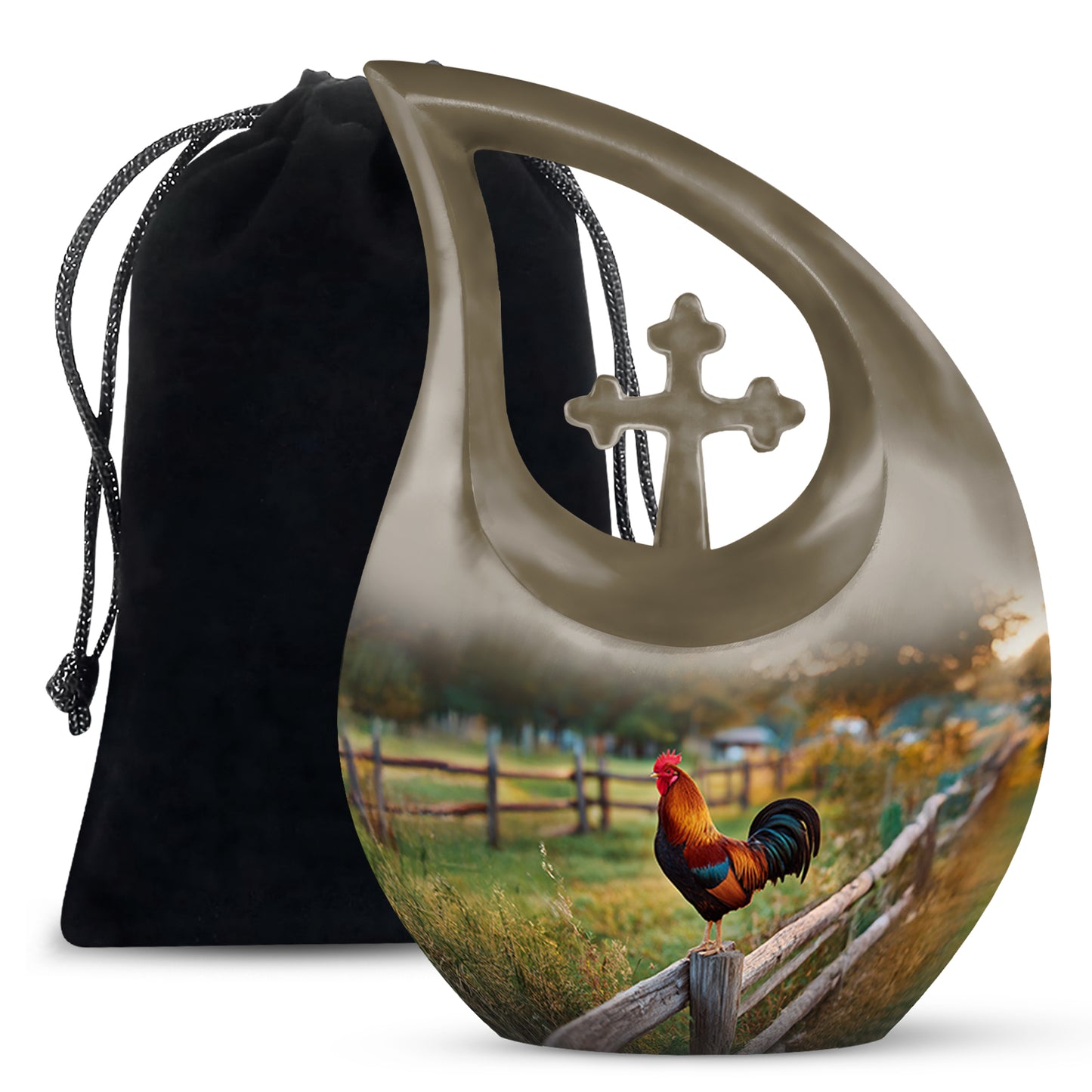Warm Gold Hen Cremation Urn top-down view of secure threaded lid - devotional cross-drop hen engraving - full-size 10 inch 200 cubic inch adult cremation urn