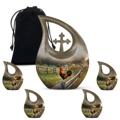 Champagne Gold Hen Cremation Urn urn with complimentary velvet bag - cross and hen combined in spiritual memorial design - memorial set with one large and four small urns