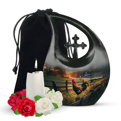 Ebony Hen Cremation Urn top-down view of secure threaded lid - cross and hen combined in spiritual memorial design - full-size 10 inch 200 cubic inch adult cremation urn