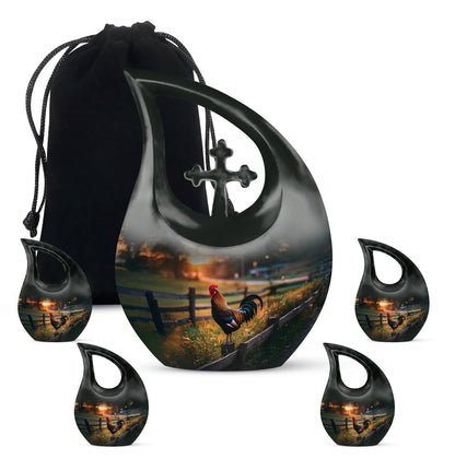 Deep Black Hen Cremation Urn urn with complimentary velvet bag - sacred cross merged with hen motif on metal - memorial set with one large and four small urns